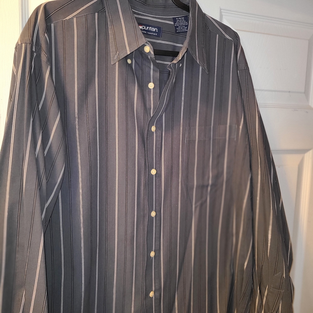 Puritan Men's Gray and White Striped Button Down Shirt Size XL